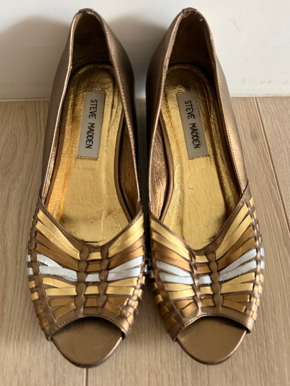 Steve Madden Metallic Gold and Silver Peep-Toe Flats